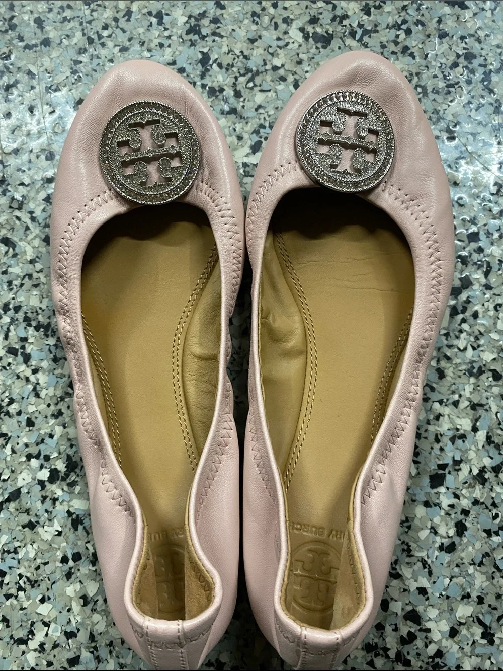 Tory Burch Blush Pink Leather Logo Ballet Flats
